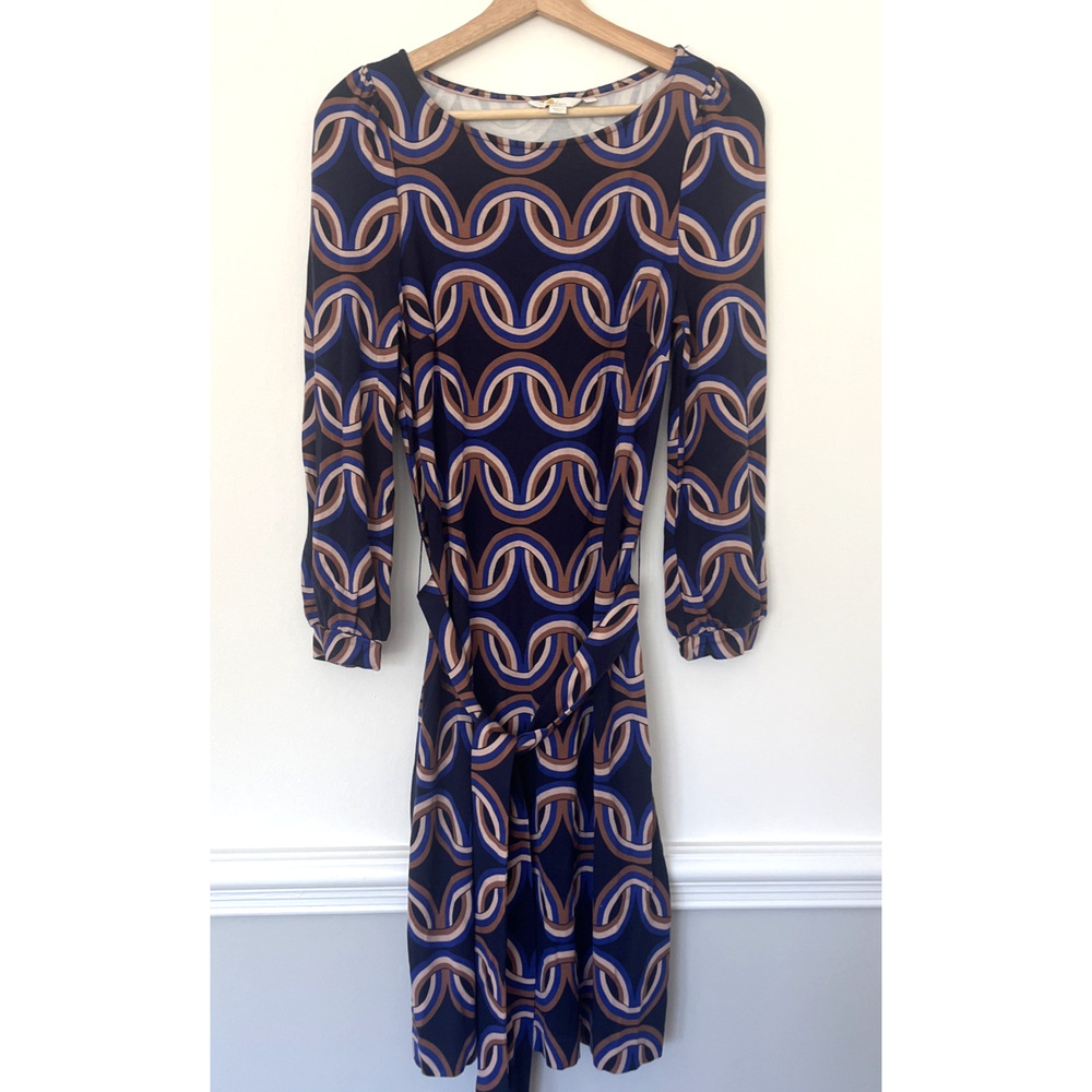 Boden Jersey Tie Shift Dress Size 4L Navy Blue Pink Geometric Print